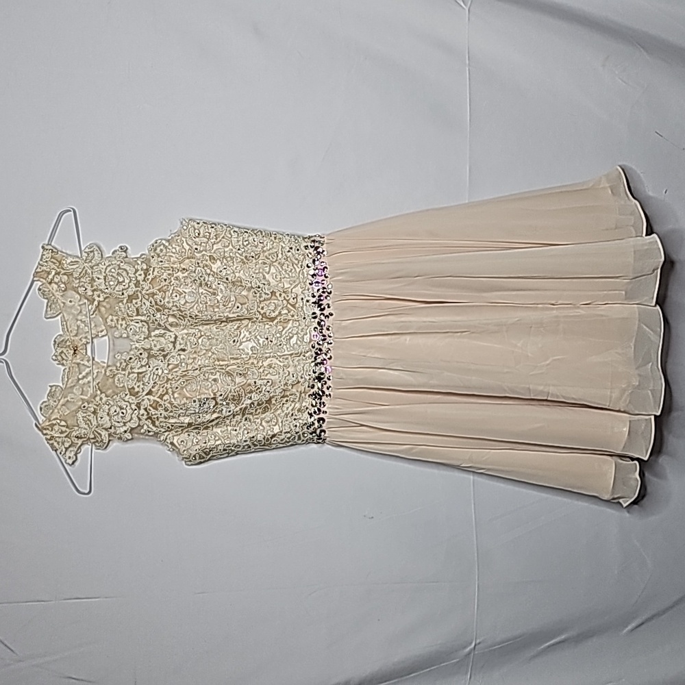 Elizabeth K by gls cream lace embroidered chiffon bateau jeweled dress sz 6